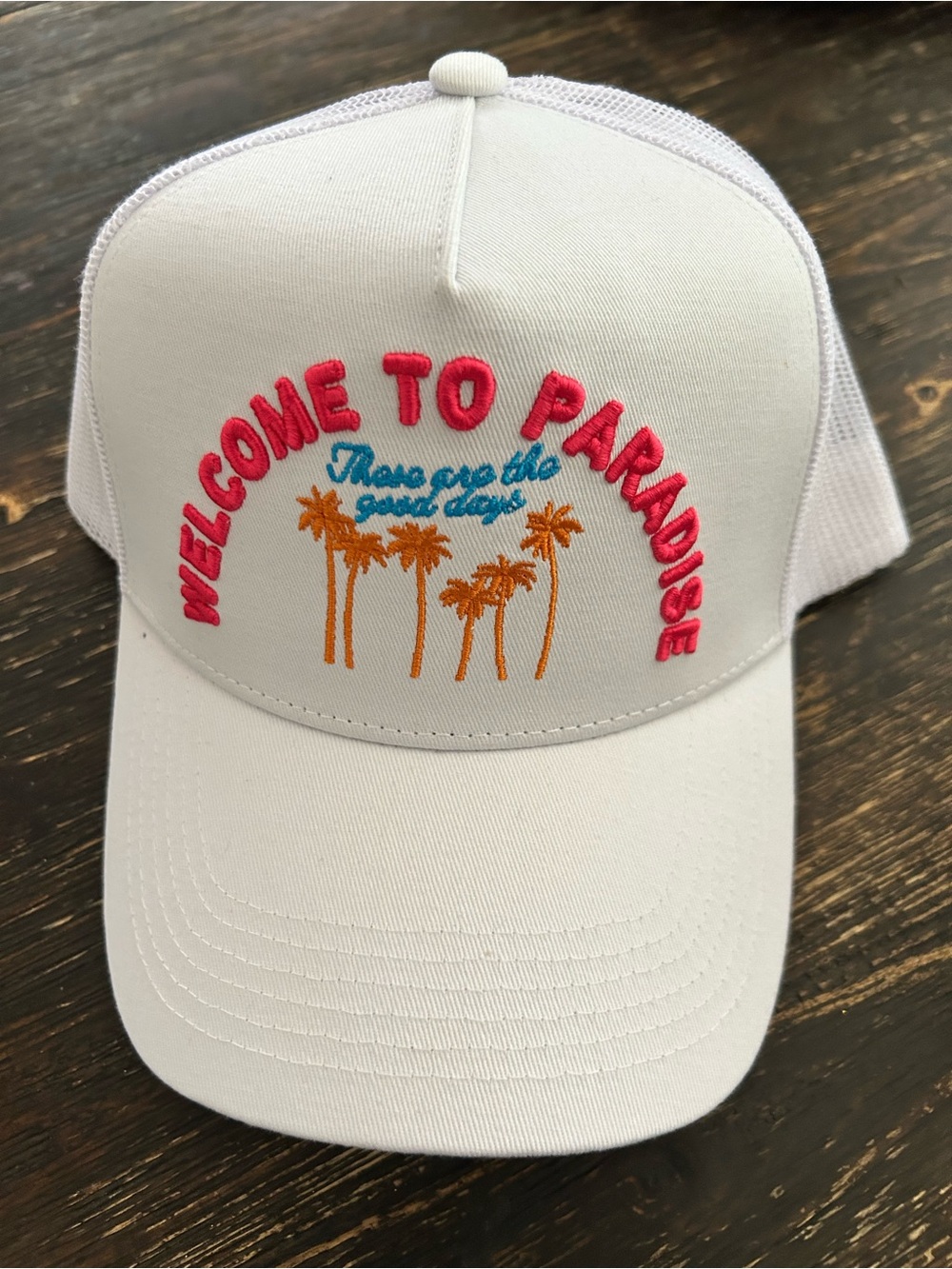 White Trucker Hat with Pink 'Welcome to Paradise' Embroidery new Kenzkustomz